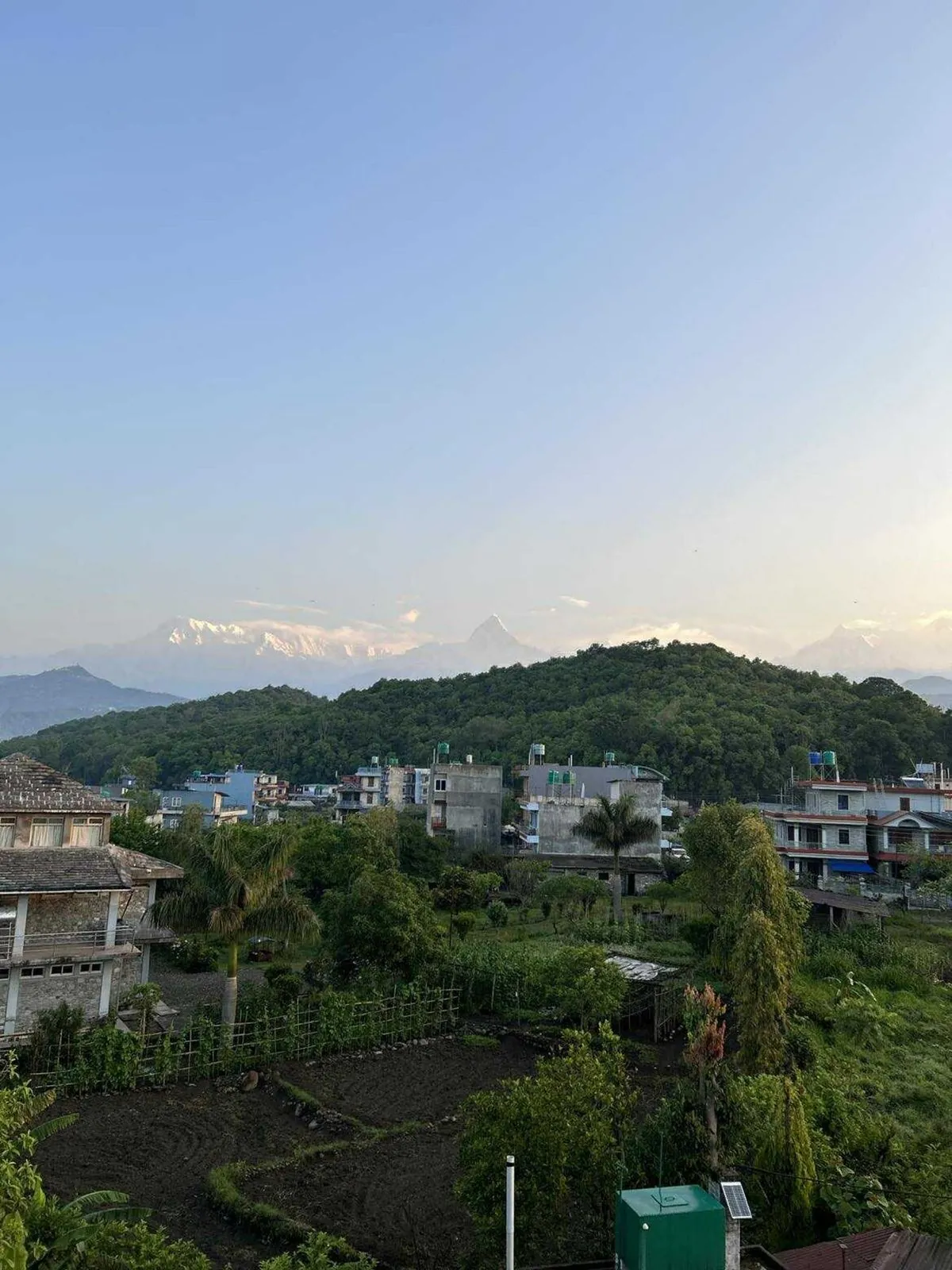 View over the green hills of Pokhara from Shraddha Sadan